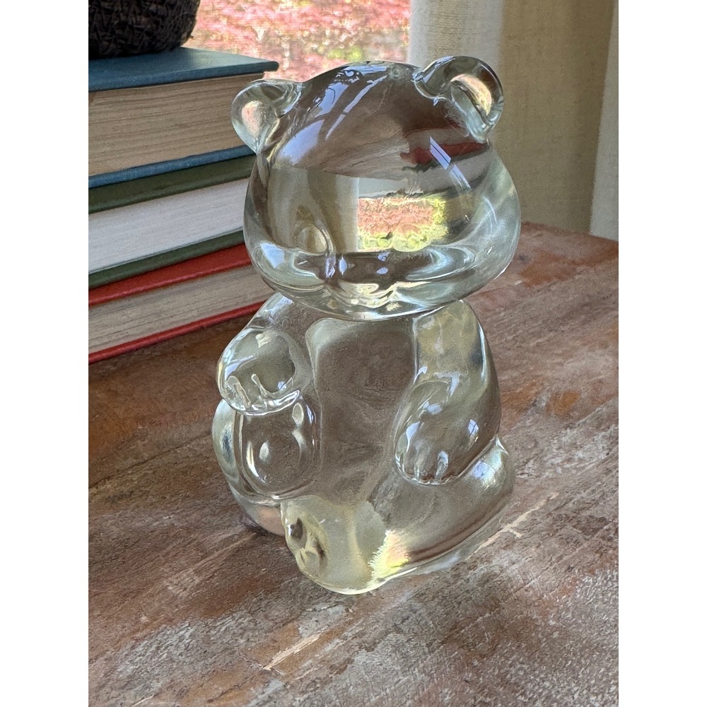 VTG Fenton Solid Clear Art Glass Bear Figurine Paperweight Heavy Crystal Flaw
